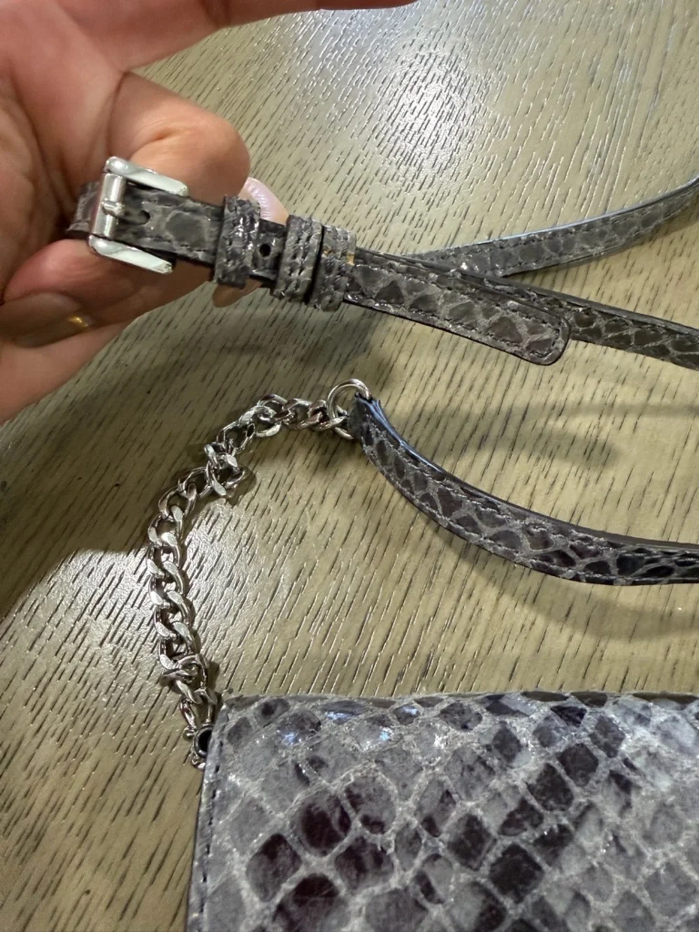 Michael Kors Snake-Embossed Crossbody in Taupe and Silver